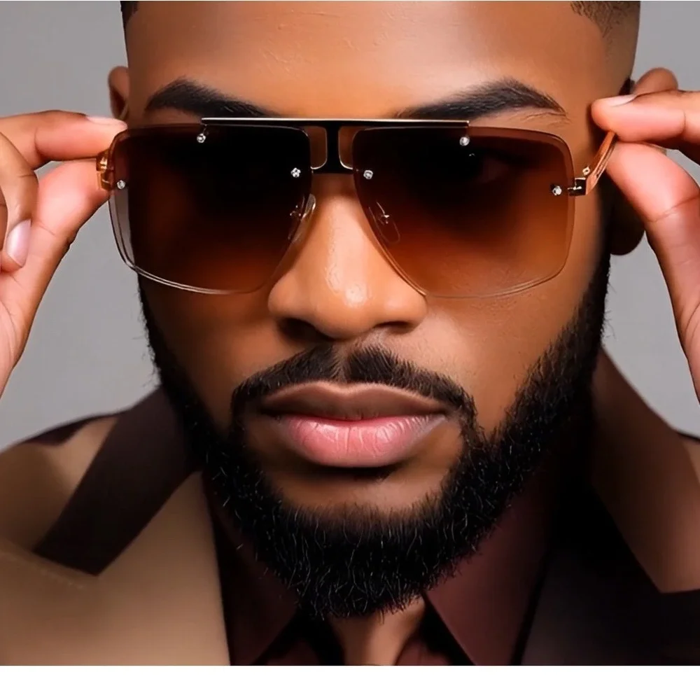 Men's Oversized Square Rimless Sunglasses Gold Double Bridge Gradient Brown Lens